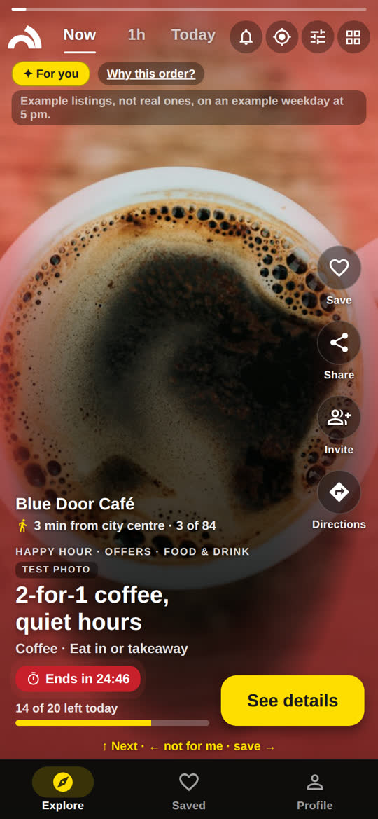 Story from an example café: 2-for-1 coffee in the quiet hours, with how many are left and when it ends.