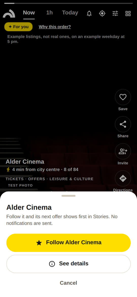 The Follow sheet over a story: follow an example cinema and its next offer shows first in Stories.