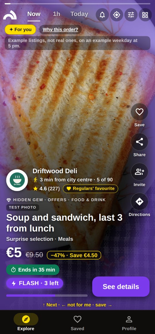 Story from an example deli: a Hidden Gem, soup and sandwich, the last 3 from lunch, €5.