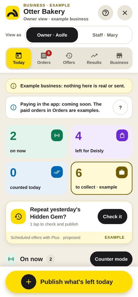 An example bakery’s business panel: on now, left for Deisly, counted today, and a button to publish what’s left today.