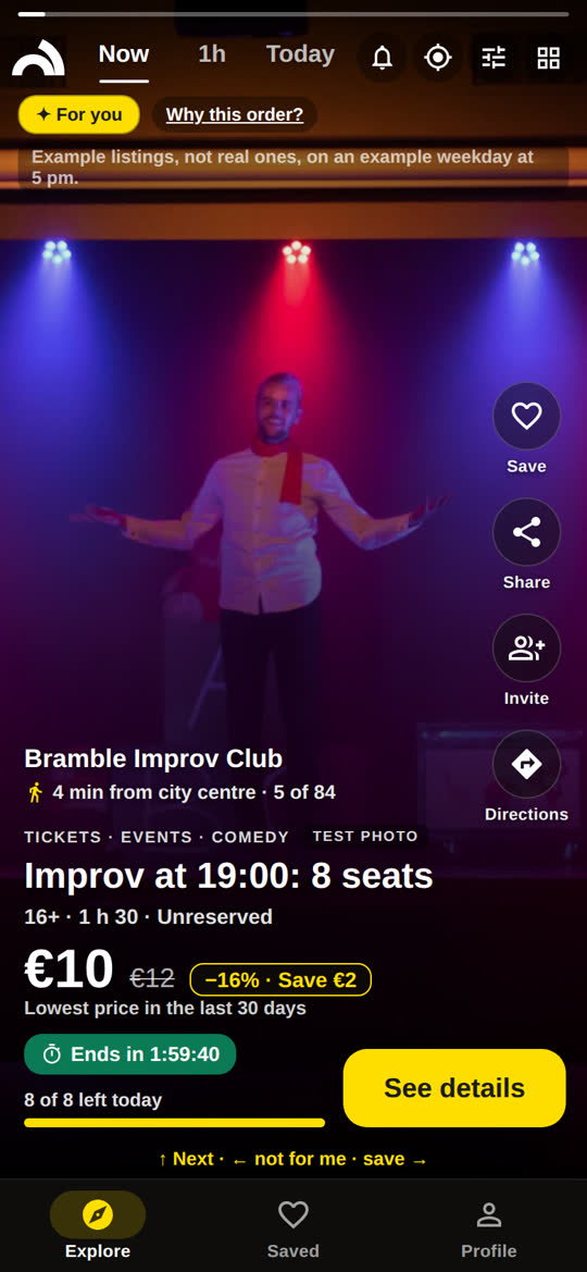 Story from an example improv club: improv at 19:00, 8 seats, €10.